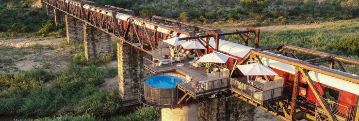 The Kruger Shalati's main swimming pool, overhanging the Sabie River below